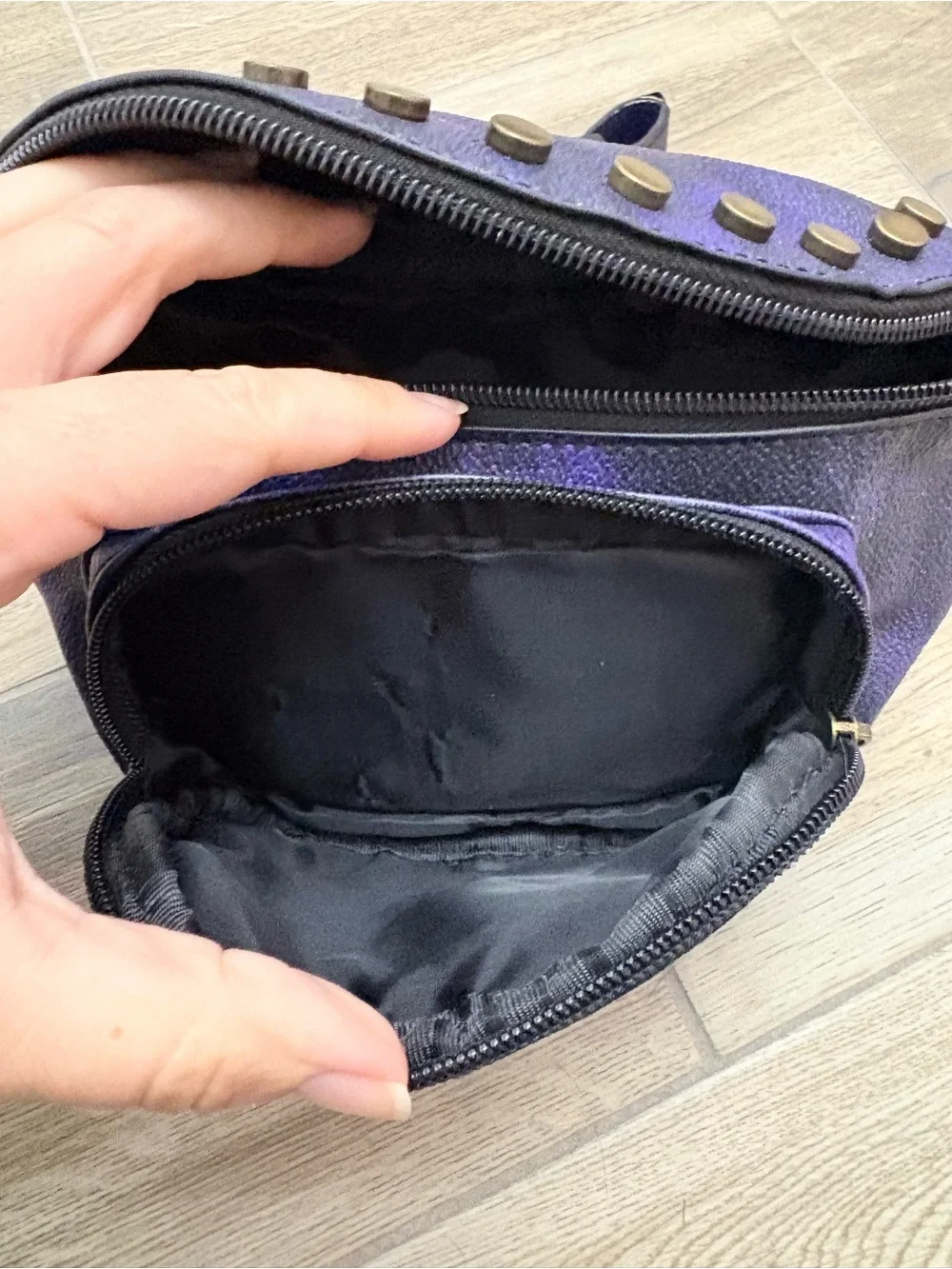 Disney Descendants Fanny pack faux leather brushed gold tone studs 2 pockets